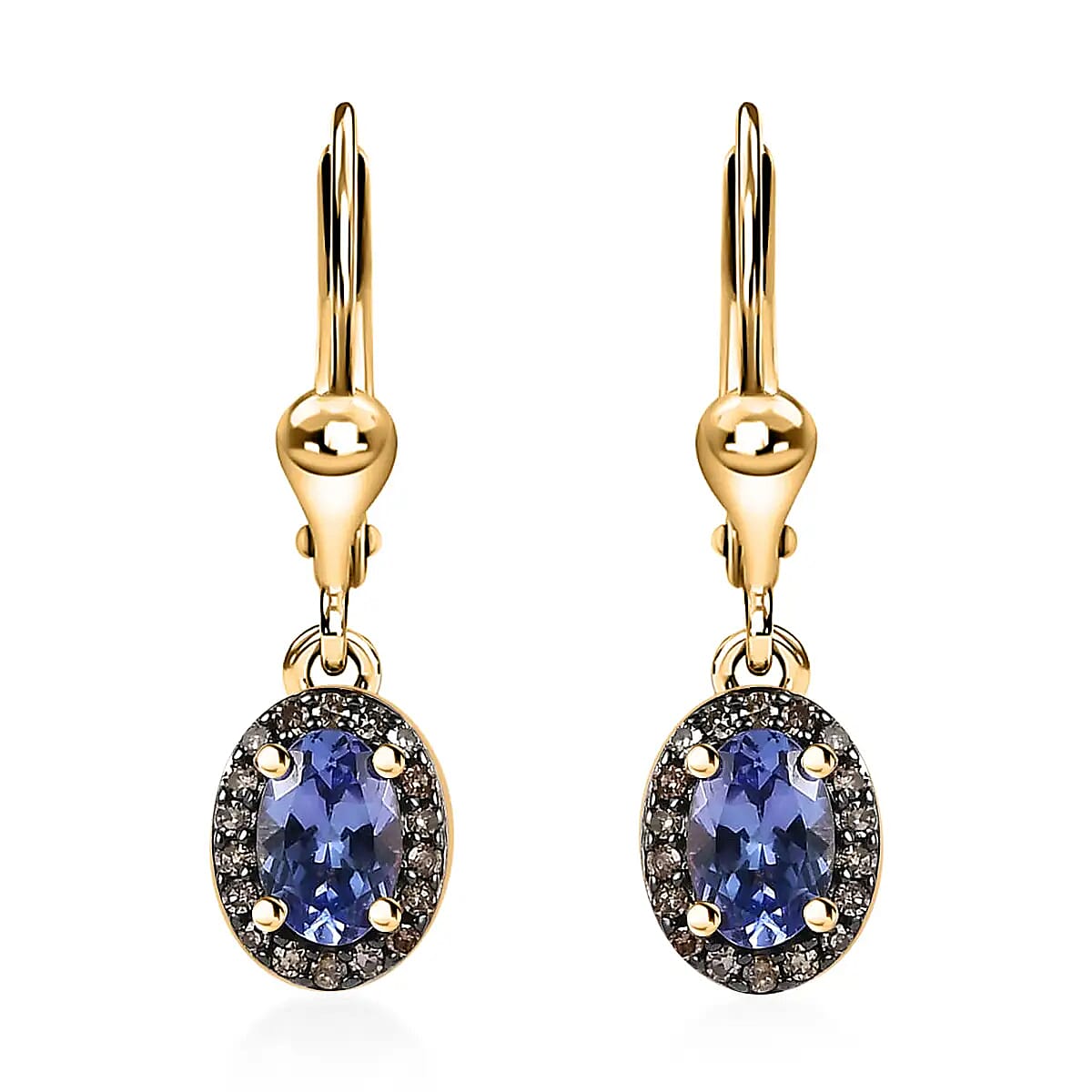 Tanzanite and Natural Champagne Diamond Lever Back Earrings in Vermeil Yellow Gold Over Sterling Silver 1.20 ctw