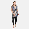 Tamsy Navy Floral Pattern Smocked Waist Tunic Top with Flutter Sleeve - One Size Fits Most - Sticky add to cart bar