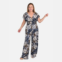 Tamsy Navy Floral Smocked Waist Jumpsuit with Flutter Sleeve - One Size Fits Most