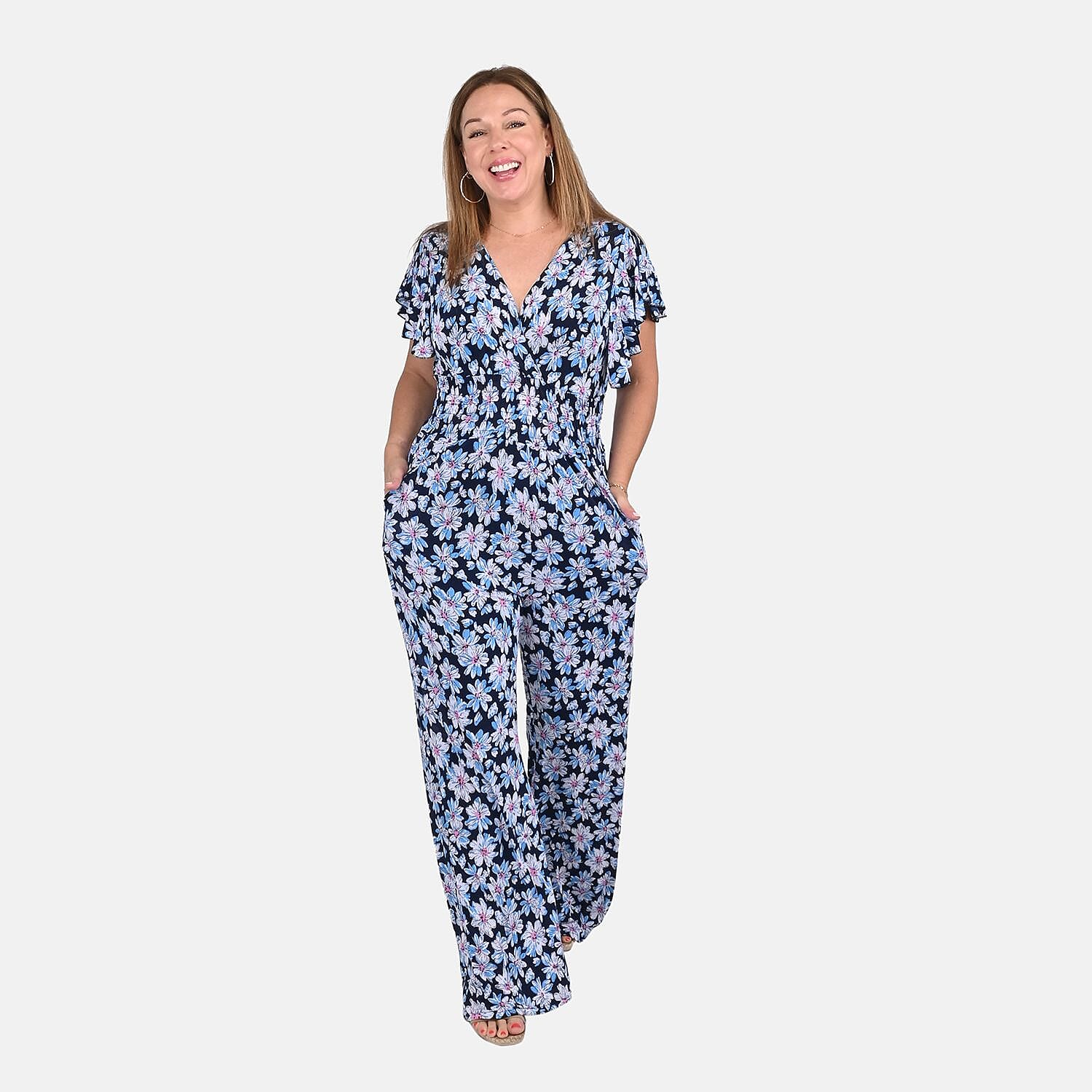 Tamsy Navy Floral Smocked Waist Jumpsuit with Flutter Sleeve - One Size Fits Most