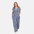 Tamsy Navy Floral Smocked Waist Jumpsuit with Flutter Sleeve - One Size Fits Most - Sticky add to cart bar