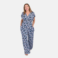 Tamsy Navy Floral Smocked Waist Jumpsuit with Flutter Sleeve - One Size Fits Most
