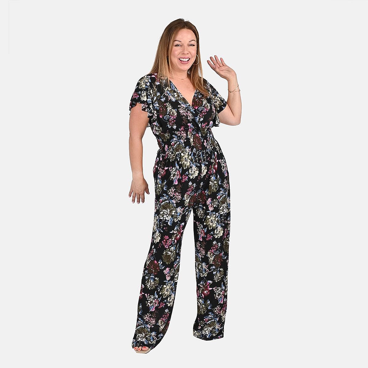 Tamsy Navy Floral Smocked Waist Jumpsuit with Flutter Sleeve - One Size Fits Most