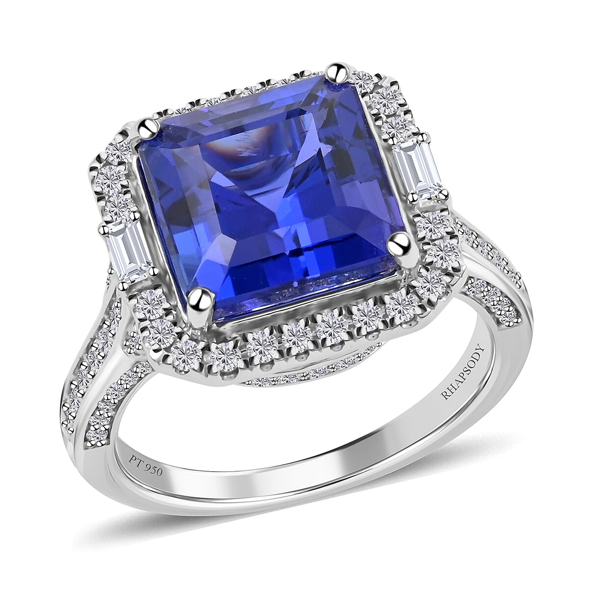 Certified Rhapsody 950 Platinum AAAA Asscher Cut Tanzanite and E-F VS Diamond Ring 8.50 Grams 5.50 ctw (Del. in 15-20 Days)