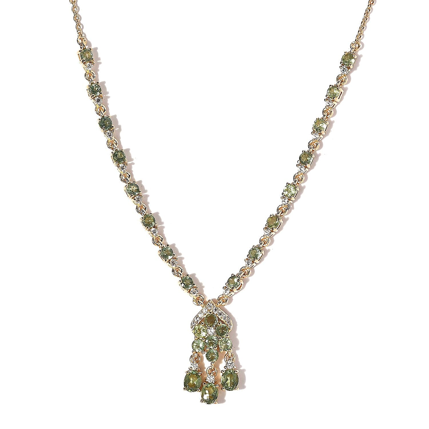 Tanzanian Natural Green Apatite and White Zircon Necklace 18 Inches in Vermeil Yellow Gold Over Sterling Silver 4.50 ctw