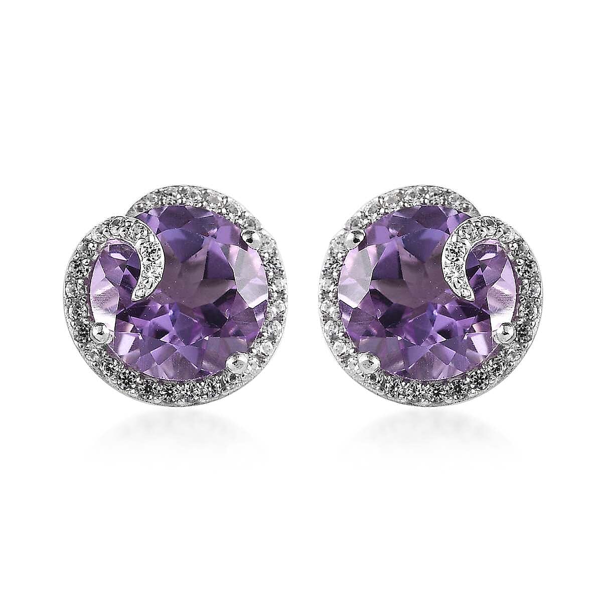 AAA Rose De France Amethyst and White Zircon Solitaire Stud Earrings in Platinum Over Sterling Silver 5.40 ctw
