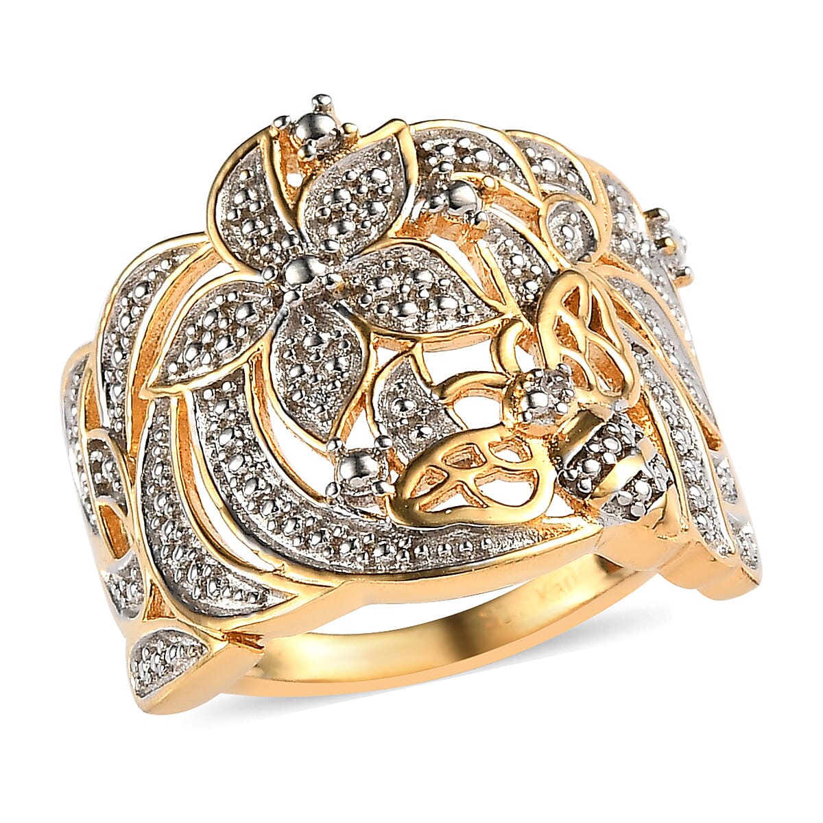 Karis White Diamond Accent Floral and Bee Ring in 18K YG Plated