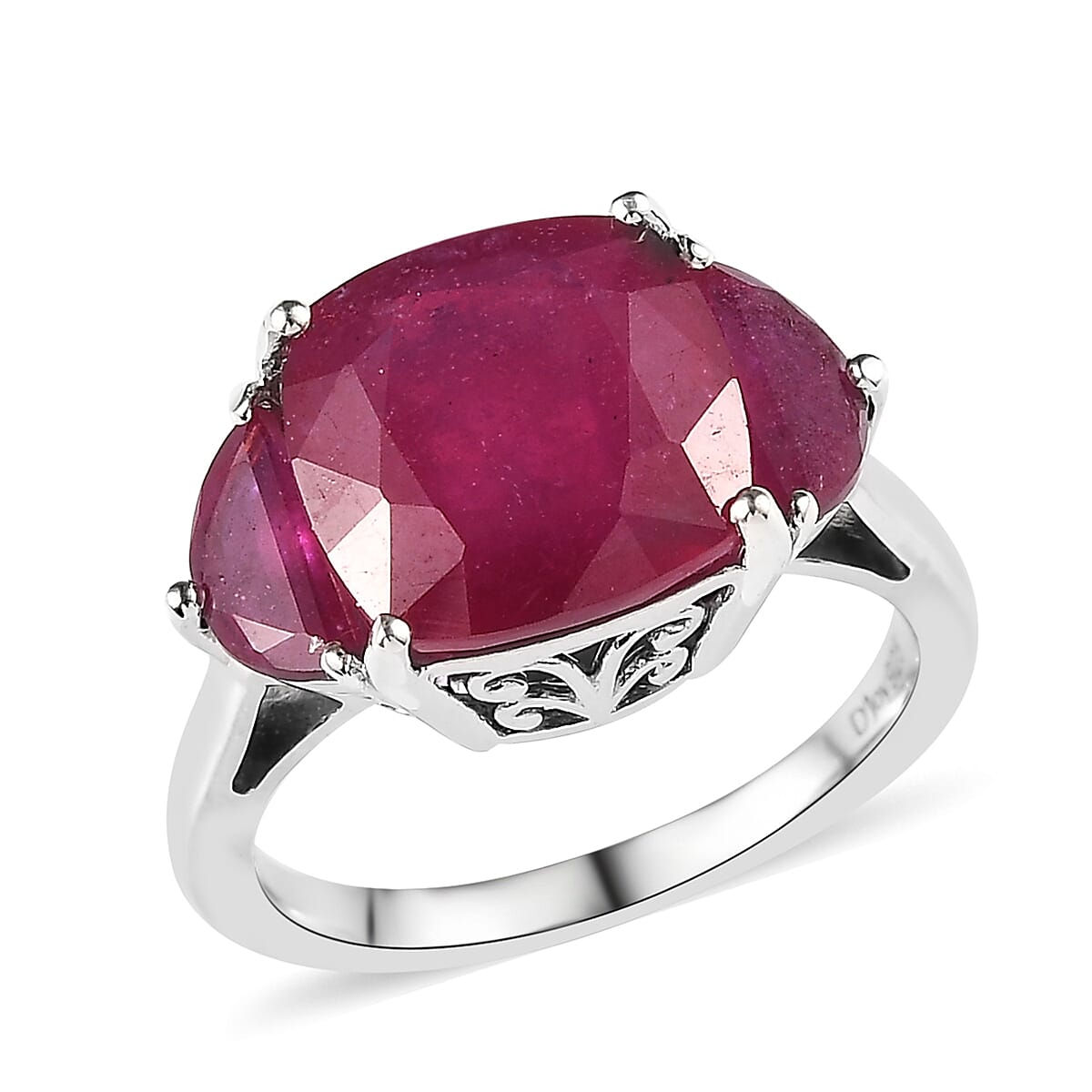 Niassa Ruby (FF) 3 Stone Ring in Platinum Over Sterling Silver (Size 10.0) 7.40 ctw