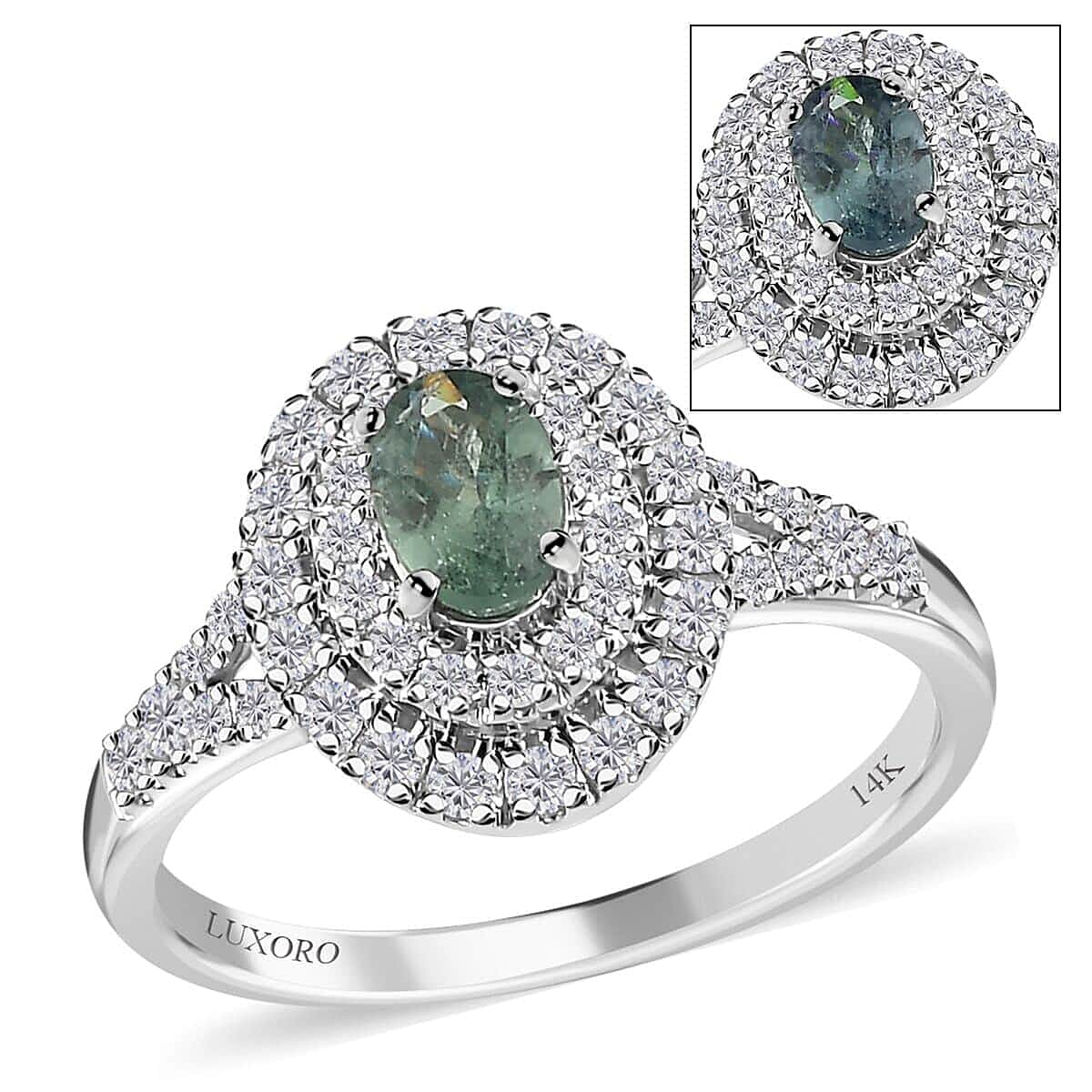 Luxoro 14K White Gold AAA Narsipatnam Alexandrite and Moissanite Double Halo Ring 1.10 ctw (Del. in 7-10 Days)