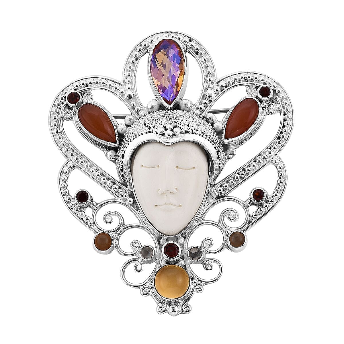 Sajen Silver Carved Bone and Multi Gemstone Pendant in Sterling Silver 12.85 ctw