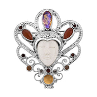 Sajen Silver Carved Bone and Multi Gemstone Pendant in Sterling Silver 12.85 ctw