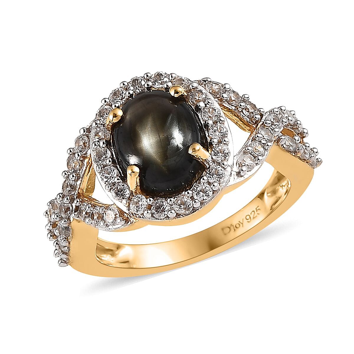 Bankacha Natural Black Star Sapphire and White Zircon Infinity Ring in Vermeil Yellow Gold Over Sterling Silver 3.75 ctw