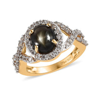 Bankacha Natural Black Star Sapphire and White Zircon Infinity Ring in Vermeil Yellow Gold Over Sterling Silver 3.75 ctw