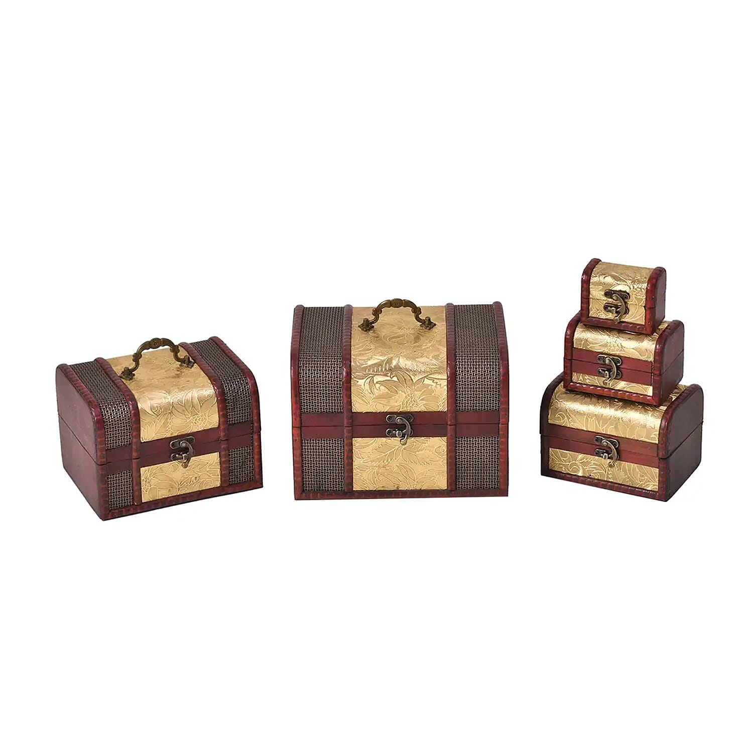 Doorbuster Set of 5 Golden Leaf Embossed MDF and Faux Leather Mixing Exquisite Jewelry Chest Box (8.7"x7.1"x6.3" - 3"x1.8"x2")
