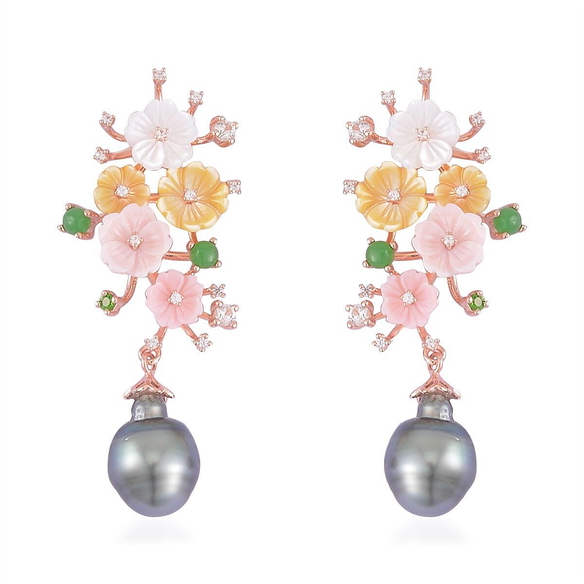 Tahitian Cultured Pearl and Multi Gemstone Dangle Earrings in Vermeil Rose Gold Over Sterling Silver 1.60 ctw