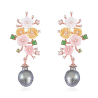 Tahitian Cultured Pearl and Multi Gemstone Dangle Earrings in Vermeil Rose Gold Over Sterling Silver 1.60 ctw