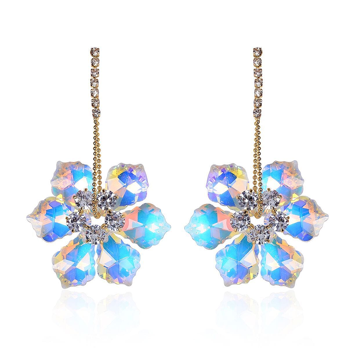 White Mystic Color Glass, Austrian Crystal Floral Earrings in Goldtone & Stainless Steel