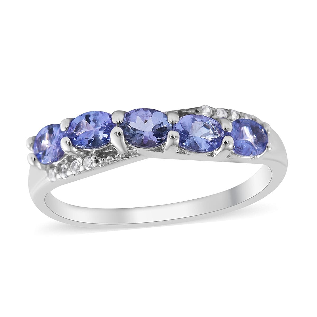 Tanzanite and White Zircon Criss Cross Ring in Platinum Over Sterling Silver (Size 10.0) 1.00 ctw