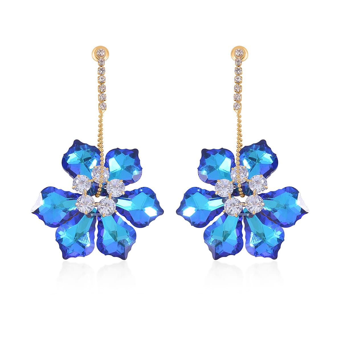 Blue Magic Color Glass and White Austrian Crystal Earrings in Goldtone
