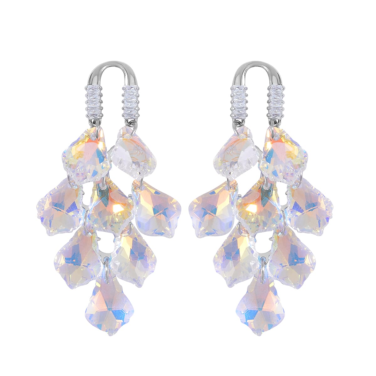 White Aurora Borealis Color Glass and White Austrian Crystal Earrings in Silvertone