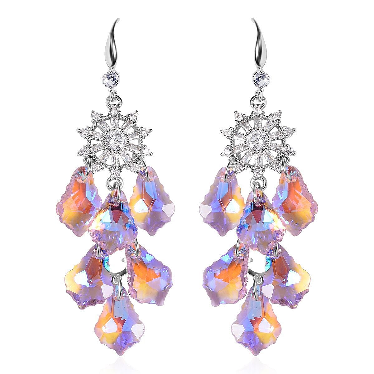 Pink Magic Color Glass and Austrian Crystal Floral Earrings in Stainless Steel and Silvertone