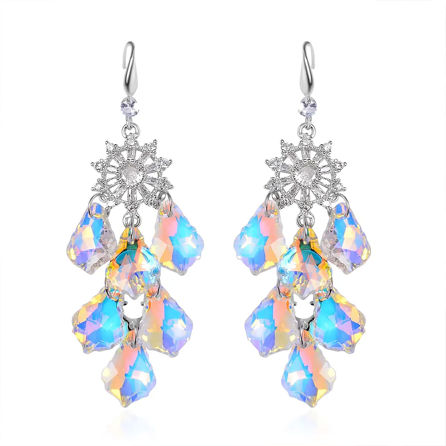 White Mystic Color Glass, Austrian Crystal Chandelier Earrings in Silvertone