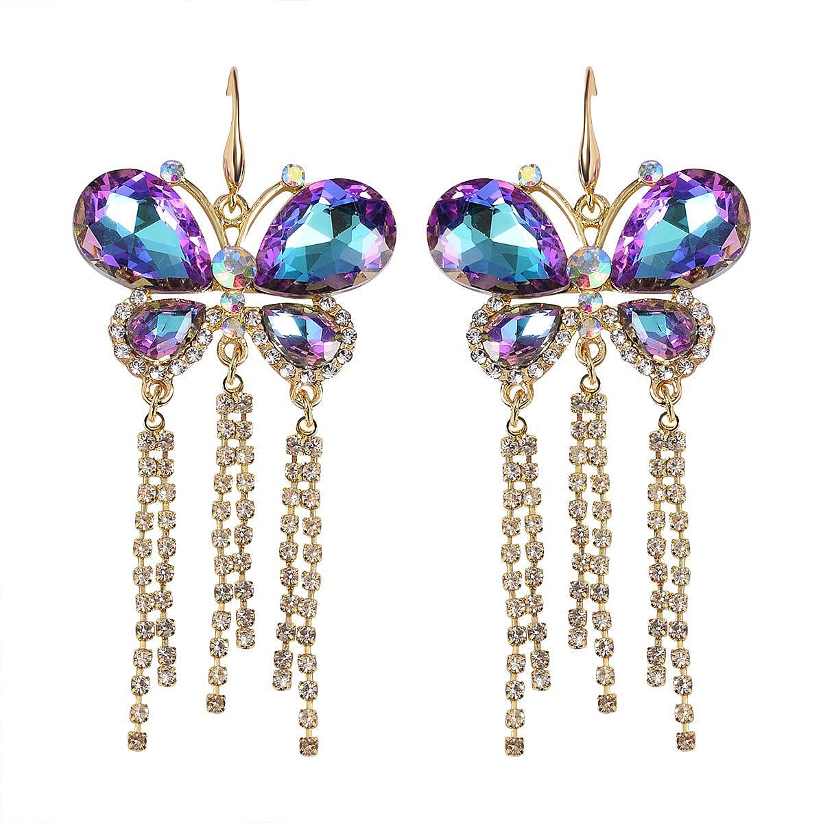 Purple Color Glass, Austrian Crystal Butterfly Earrings in ION Plated YG Stainless Steel & Goldtone