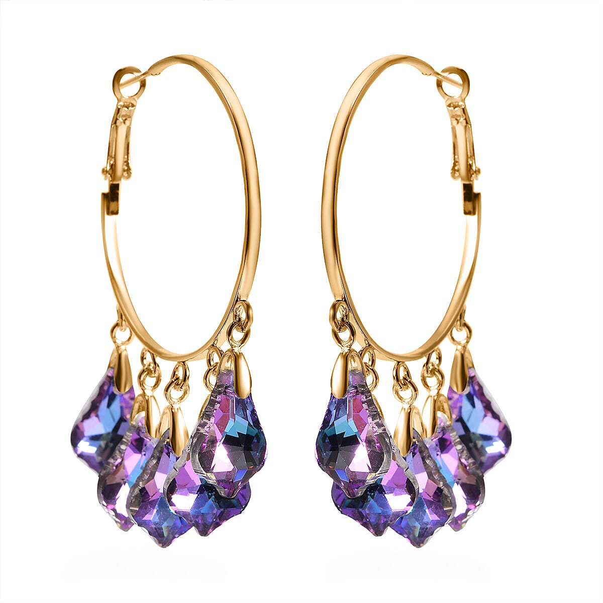 Purple Magic Color Glass Chandelier Earrings in Goldtone