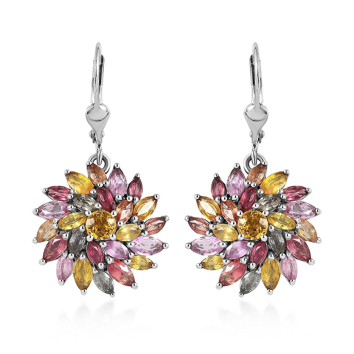 D'Joy Multi Sapphire Floral Earrings in Platinum Over Sterling Silver 6.65 ctw