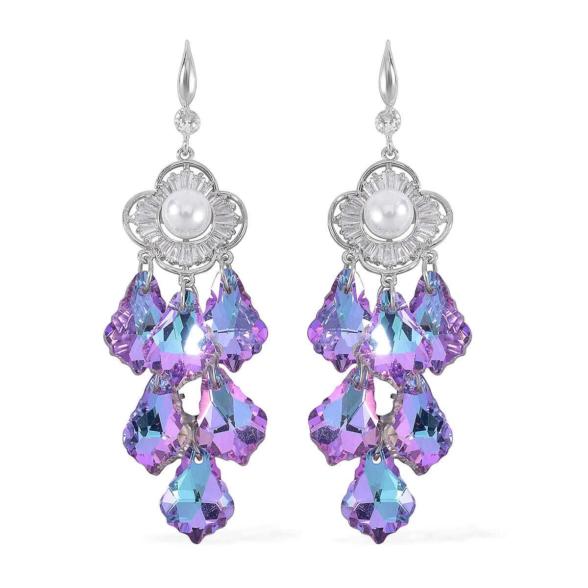 Purple Magic Color Glass, White Austrian Crystal and Simulated Pearl Earrings in Silvertone
