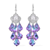 Purple Magic Color Glass, White Austrian Crystal and Simulated Pearl Earrings in Silvertone