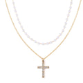 Simulated Pearl and Austrian Crystal Layered Cross Necklace in Goldtone 18-20 Inches - Sticky add to cart bar