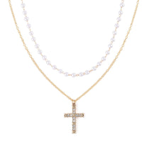 Simulated Pearl and Austrian Crystal Layered Cross Necklace in Goldtone 18-20 Inches