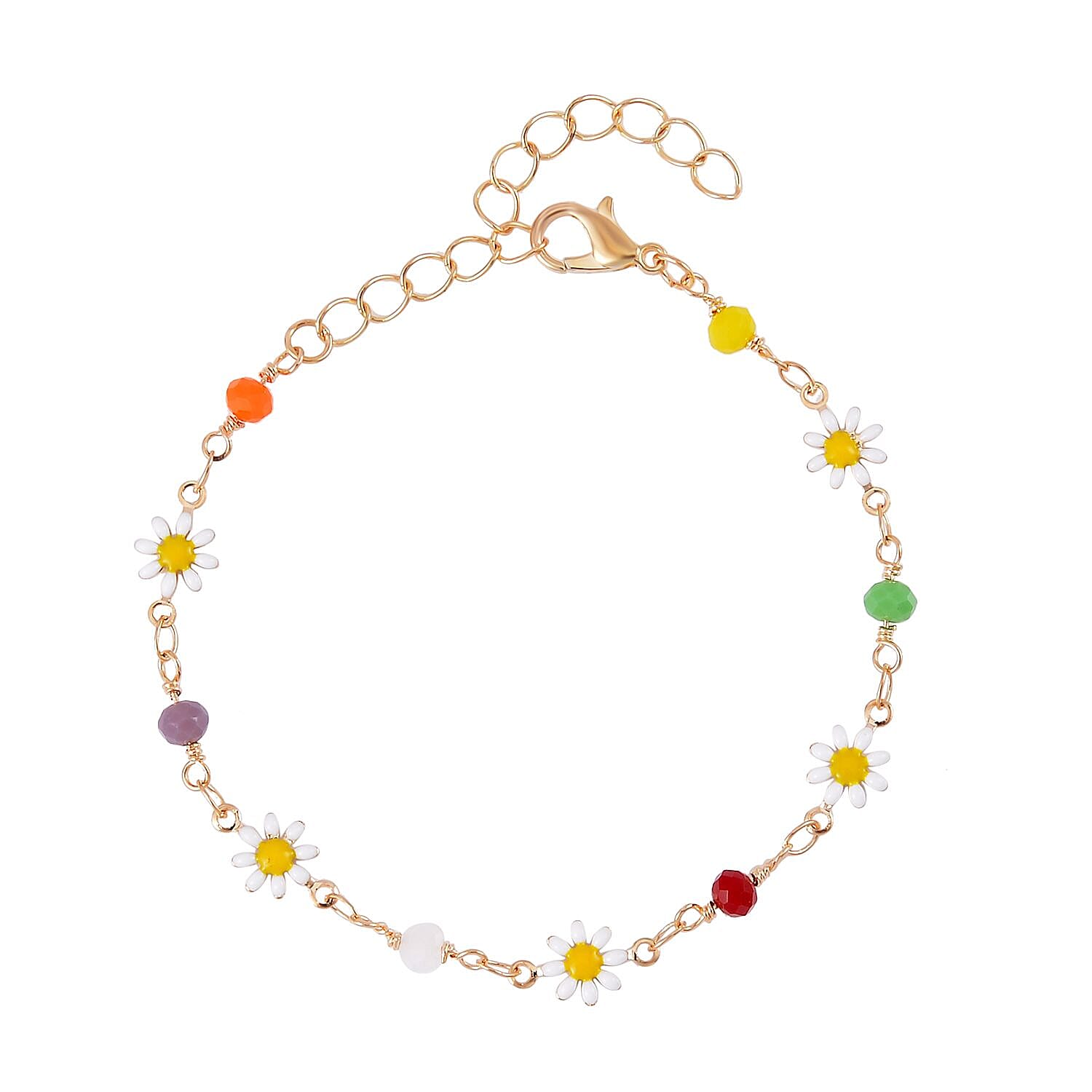 Multi Color Glass Beaded and Enameled Daisy Floral Station Bracelet (6.50-8.50In) in Goldtone