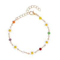 Multi Color Glass Beaded and Enameled Daisy Floral Station Bracelet (6.50-8.50In) in Goldtone