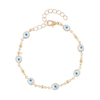 Multi Color Enameled Floral Evil Eye Protector Station Bracelet Anklet (7-9In) in Goldtone