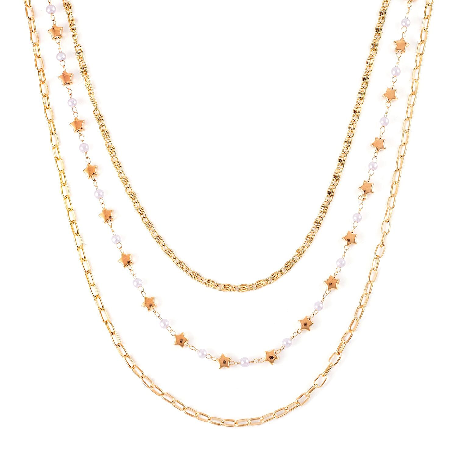 White Resin Pearl Stars Station Necklace Layered Set 18-20 Inches in Goldtone