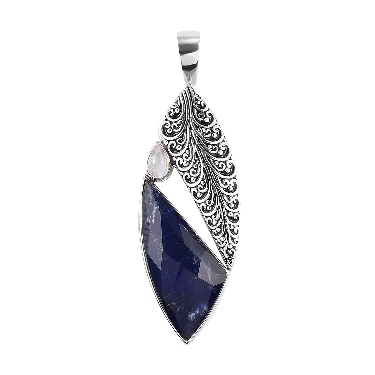 Sajen Silver Blue Sodalite Quartz and Rainbow Moonstone Pendant in Platinum Over Sterling Silver 7.15 ctw