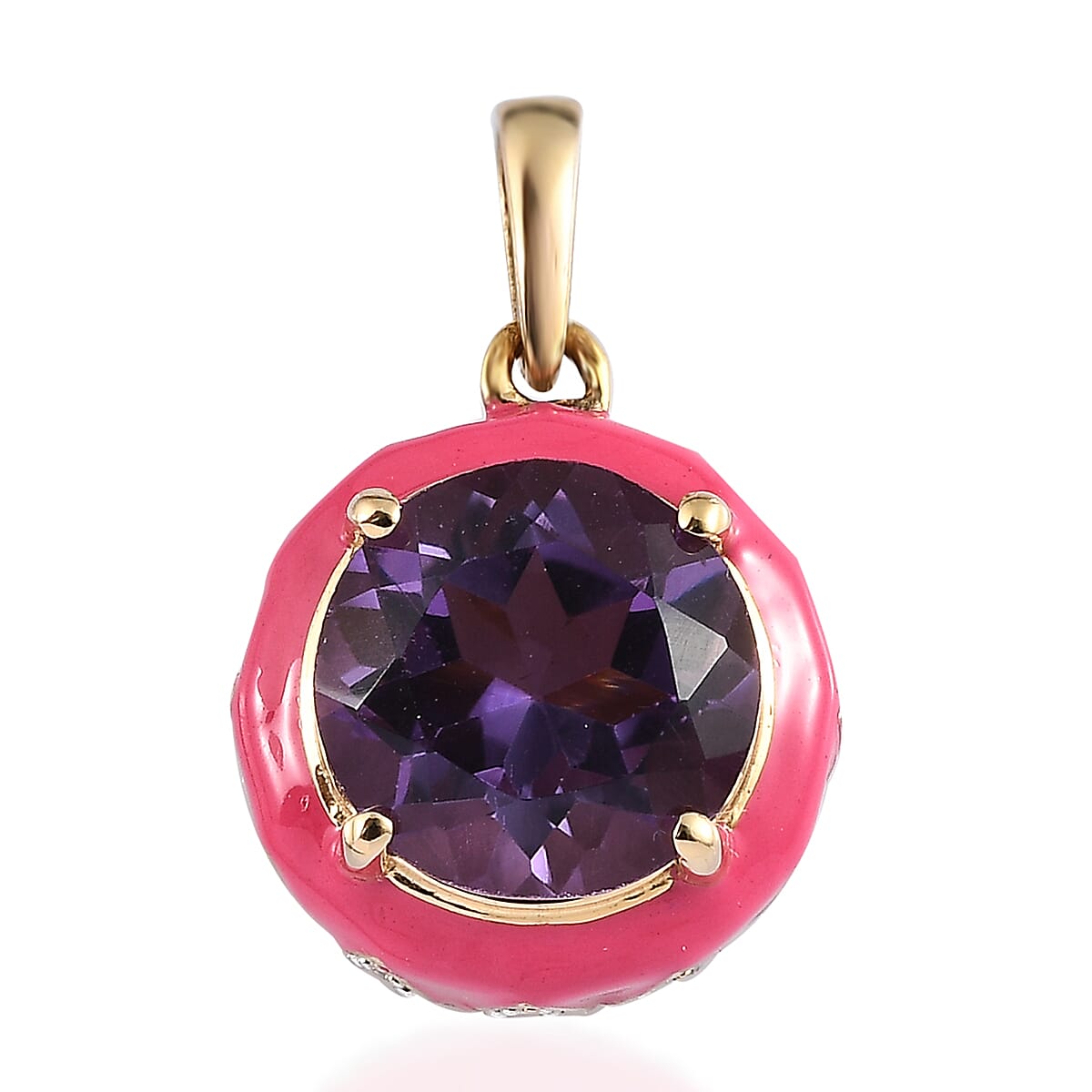 Doorbuster Amethyst and Moissanite Pink Enameled Pendant in Vermeil Yellow Gold Over Sterling Silver 3.60 ctw