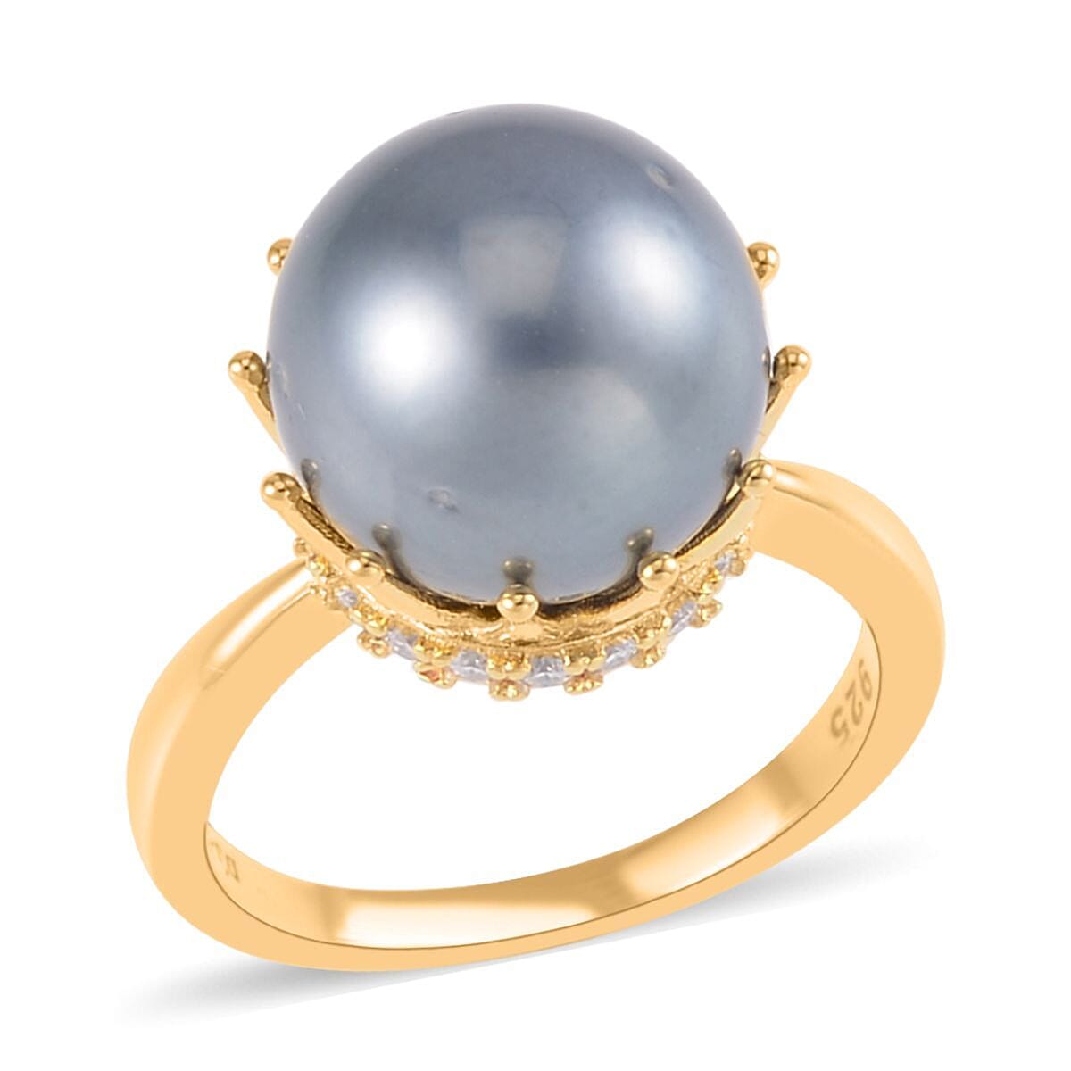 Tahitian Cultured Pearl and Moissanite Ring in Vermeil Yellow Gold Over Sterling Silver (Size 10.0) 0.30 ctw