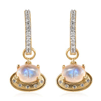 Premium Rainbow Moonstone, White Zircon Celestial Moon UFO Charm Earrings in Vermeil YG Over Sterling Silver 3.75 ctw