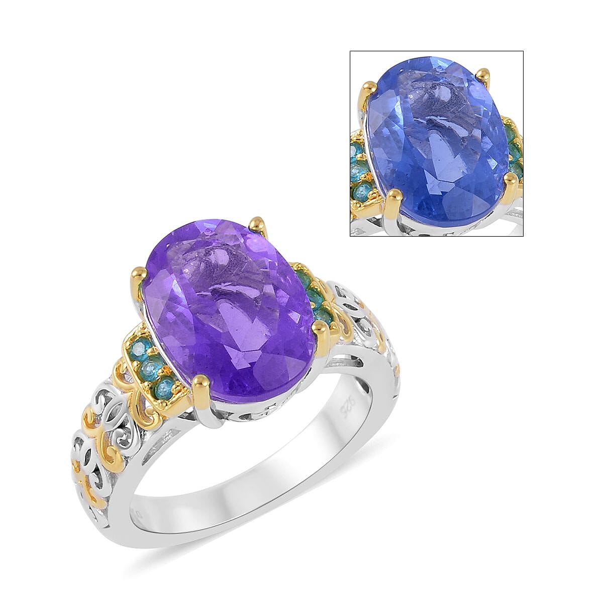 Color Change Fluorite (IR) and Malgache Neon Apatite Ring in Vermeil Yellow Gold and Platinum Over Sterling Silver 7.00 ctw