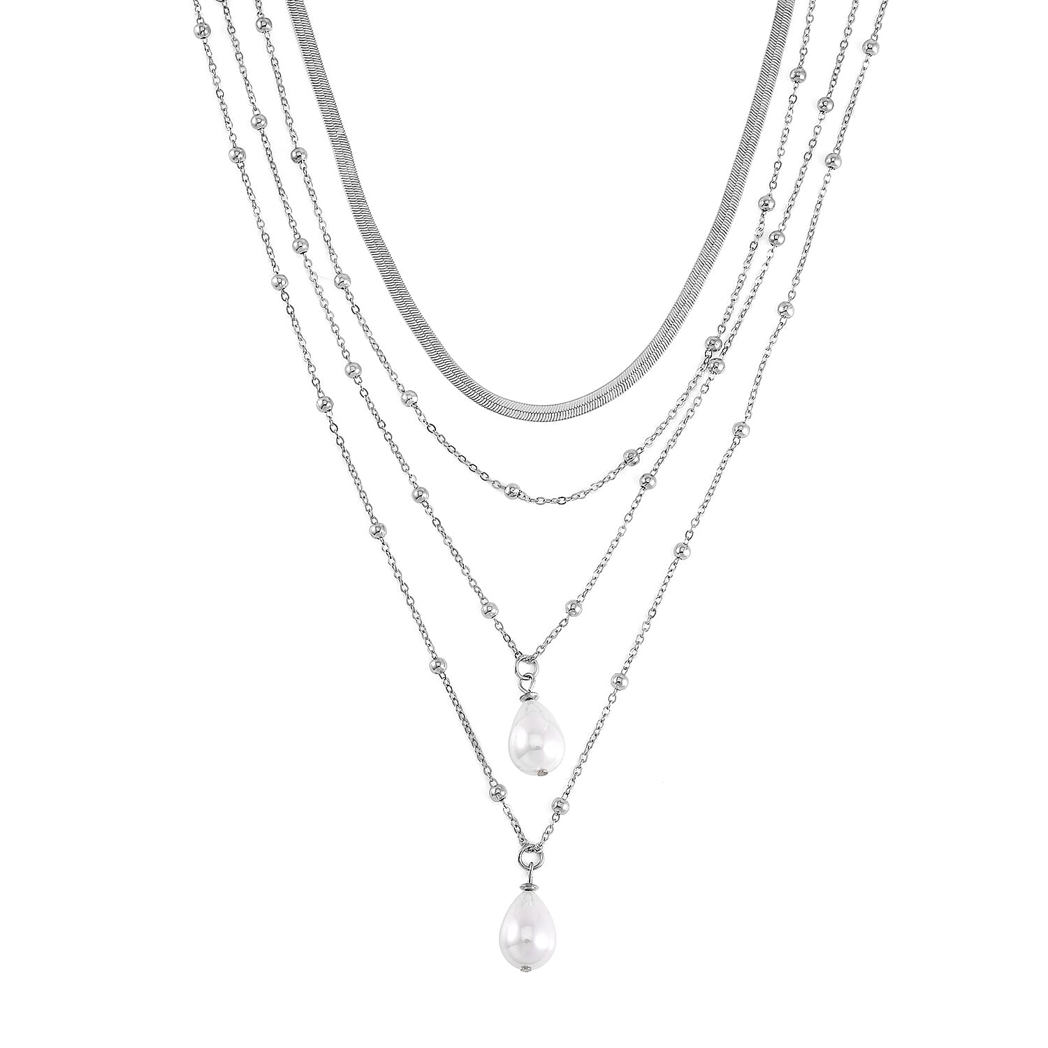 Simulated Pearl Beaded Station Necklace 15.5-19.5 Inches in Silvertone