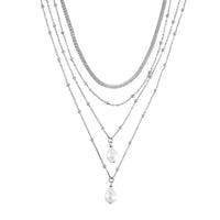 Simulated Pearl Beaded Station Necklace 15.5-19.5 Inches in Silvertone