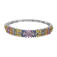 Multi Sapphire Floral Spray Bangle Bracelet in Platinum Over Sterling Silver (7.25 In) 14.15 ctw