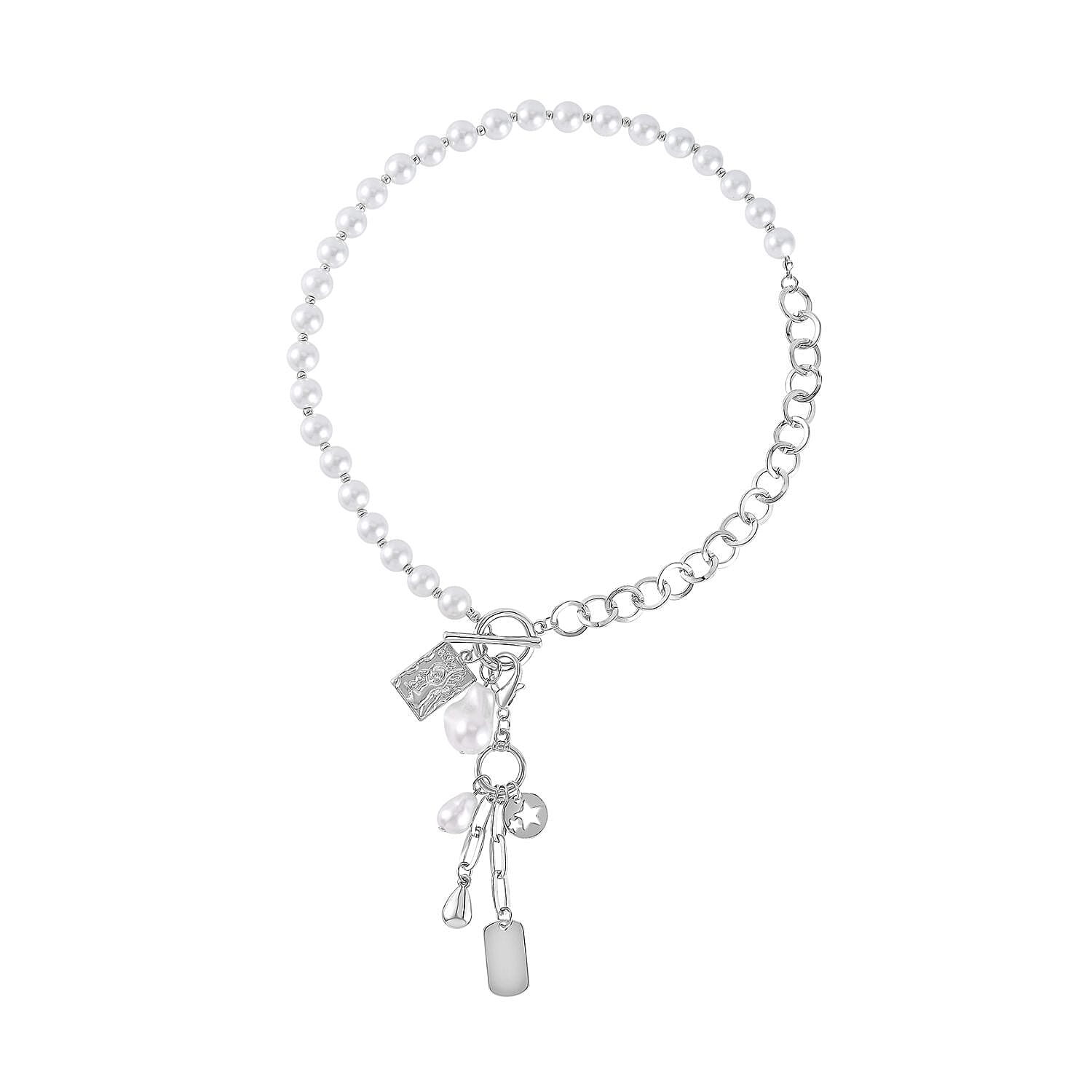 White Glass Pearl, Beads Cable Chain Charm Necklace 19 Inches in Silvertone
