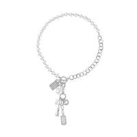White Glass Pearl, Beads Cable Chain Charm Necklace 19 Inches in Silvertone