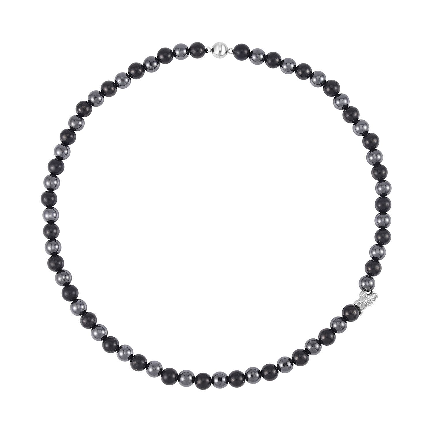 Shungite and Hematite Beaded Dragon Turtle Charm Necklace 20 Inches in Rhodium Over Sterling Silver 337.20 ctw