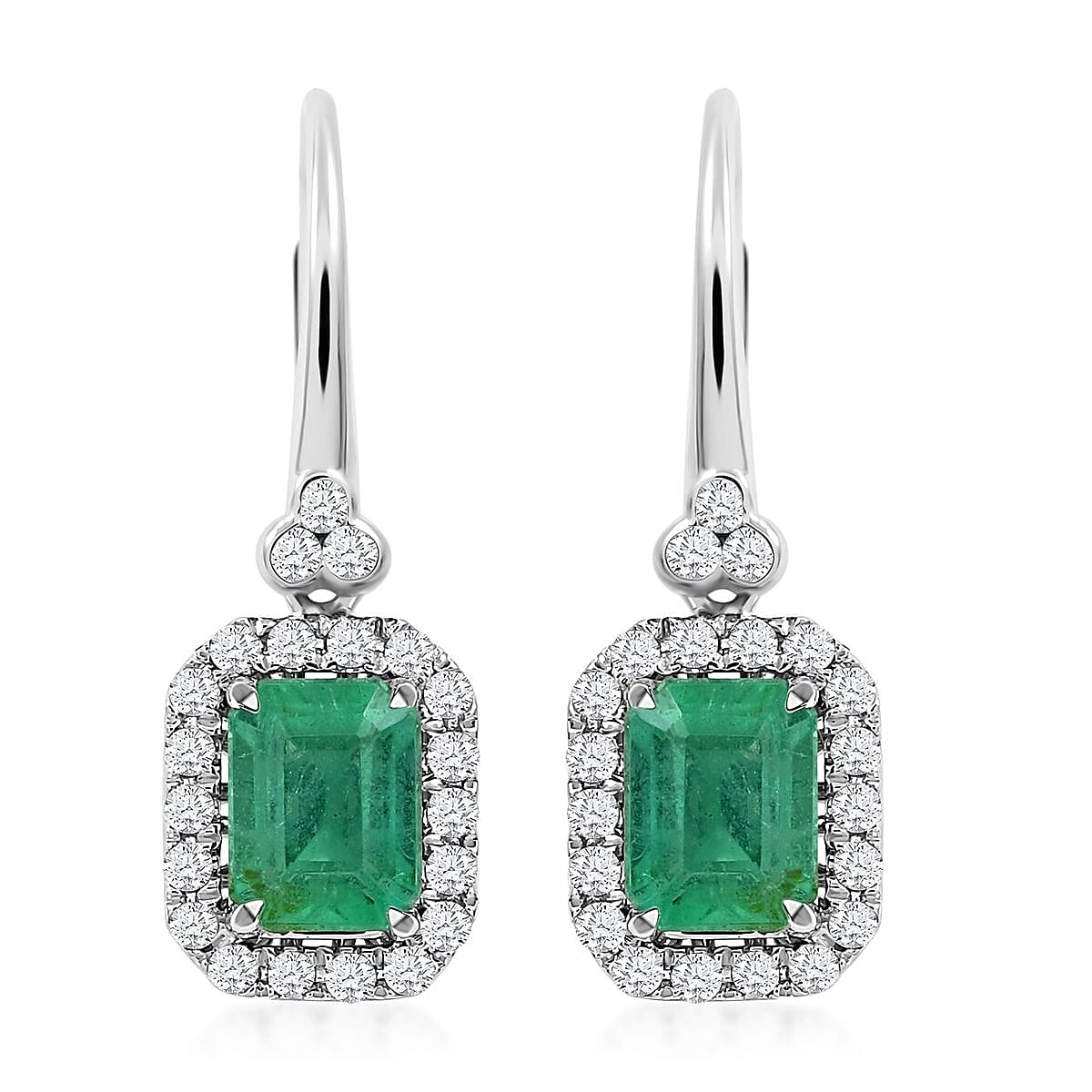 14K White Gold Emerald and G-H I2 Diamond Lever Back Earrings 2.10 ctw