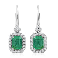 14K White Gold Emerald and G-H I2 Diamond Lever Back Earrings 2.10 ctw